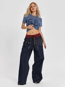 ROMWE Y2K Celana Denim Model Lurus Longgar Motif Kotak-kotak Patchwork Dua Potong Gaya Punk Street dengan Hiasan Lubang Logam - Navy Blue - View 9