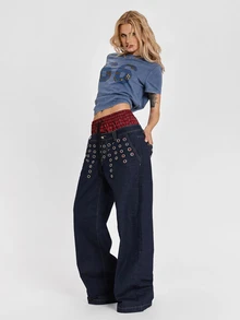 ROMWE Y2K Celana Denim Model Lurus Longgar Motif Kotak-kotak Patchwork Dua Potong Gaya Punk Street dengan Hiasan Lubang Logam - Navy Blue - View 3