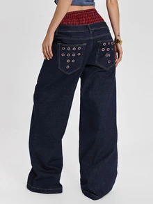 ROMWE Y2K Celana Denim Model Lurus Longgar Motif Kotak-kotak Patchwork Dua Potong Gaya Punk Street dengan Hiasan Lubang Logam - Navy Blue - View 7
