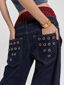ROMWE Y2K Celana Denim Model Lurus Longgar Motif Kotak-kotak Patchwork Dua Potong Gaya Punk Street dengan Hiasan Lubang Logam - Navy Blue - View 8