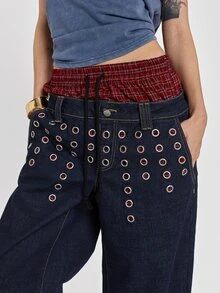 ROMWE Y2K Celana Denim Model Lurus Longgar Motif Kotak-kotak Patchwork Dua Potong Gaya Punk Street dengan Hiasan Lubang Logam - Navy Blue - View 2