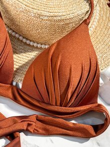 SHEIN Swim Top de bikini con escote en V profundo (tirantes anudables desmontables, sin aros), bikini naranja de verano - Café integral - Ver 4