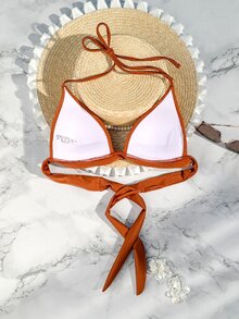 SHEIN Swim Top de bikini con escote en V profundo (tirantes anudables desmontables, sin aros), bikini naranja de verano - Café integral - Ver 2