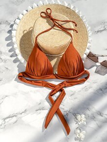 SHEIN Swim Top de bikini con escote en V profundo (tirantes anudables desmontables, sin aros), bikini naranja de verano - Café integral - Ver 3