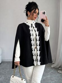 Seusyu Women's Loose Slimming Wool Blend Lace Patchwork Shawl Cape, Round Neck Outerwear, Autumn/Winter - Black - View 8