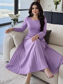 Modelyn Women's Elegant Ruched Waist 3D Floral Decor Long Dress, Suitable For Dates And Parties ,Spring Dresses For Women,Elegant Dress - Mauve Purple - View 6