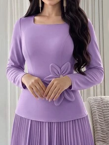 Modelyn Women's Elegant Ruched Waist 3D Floral Decor Long Dress, Suitable For Dates And Parties ,Spring Dresses For Women,Elegant Dress - Mauve Purple - View 3