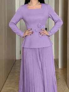 Modelyn Women's Elegant Ruched Waist 3D Floral Decor Long Dress, Suitable For Dates And Parties ,Spring Dresses For Women,Elegant Dress - Mauve Purple - View 9