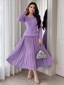 Modelyn Women's Elegant Ruched Waist 3D Floral Decor Long Dress, Suitable For Dates And Parties ,Spring Dresses For Women,Elegant Dress - Mauve Purple - View 8