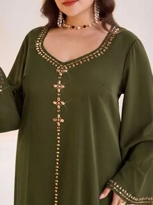 Al Najma 大尺碼女款鑲鑽裝飾保守風菲律賓式阿拉伯風晚宴正式禮服 派對 埃及度假 泰國度假 橄欖綠 秋季 - 軍綠色 - 查看 6