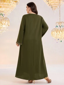 Al Najma 大尺碼女款鑲鑽裝飾保守風菲律賓式阿拉伯風晚宴正式禮服 派對 埃及度假 泰國度假 橄欖綠 秋季 - 軍綠色 - 查看 2