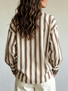 SHEIN Holidaya Vintage Brown Striped Collared Loose Long Sleeve Shirt For Women, Draped Relaxed Casual Vacation Commute Versatile Blouse - Brown - View 2