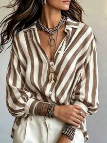 SHEIN Holidaya Vintage Brown Striped Collared Loose Long Sleeve Shirt For Women, Draped Relaxed Casual Vacation Commute Versatile Blouse - Brown - View 3
