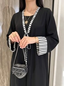 Al Najma Spring/Autumn Casual 2 Pieces Striped Patchwork Tie-Waist Long Sleeve Loose Slimming Elegant Women's Long Robe Dress For Daily Wear - Black - View 5