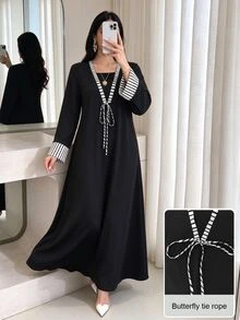 Al Najma Spring/Autumn Casual 2 Pieces Striped Patchwork Tie-Waist Long Sleeve Loose Slimming Elegant Women's Long Robe Dress For Daily Wear - Black - View 4