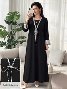Al Najma Spring/Autumn Casual 2 Pieces Striped Patchwork Tie-Waist Long Sleeve Loose Slimming Elegant Women's Long Robe Dress For Daily Wear - Black - View 2