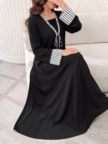 Al Najma Spring/Autumn Casual 2 Pieces Striped Patchwork Tie-Waist Long Sleeve Loose Slimming Elegant Women's Long Robe Dress For Daily Wear - Black - View 3