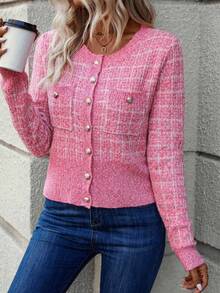 SHEIN Women's Minimalist Daily Cardigan With Button Decor,Long Sleeve Tops Fall Winter Cloth For Women - Hot Pink - View 4