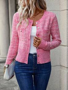 SHEIN Women's Minimalist Daily Cardigan With Button Decor,Long Sleeve Tops Fall Winter Cloth For Women - Hot Pink - View 3