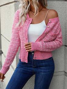 SHEIN Women's Minimalist Daily Cardigan With Button Decor,Long Sleeve Tops Fall Winter Cloth For Women - Hot Pink - View 5