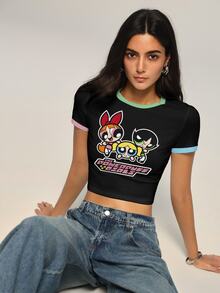 THE POWERPUFF GIRLS X SHEIN Áo thun nữ dáng ôm ngắn in họa tiết hoạt hình - trắng - Xem 4