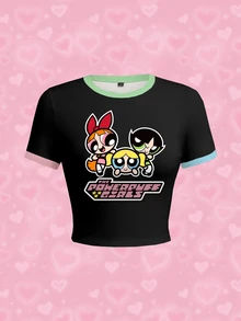THE POWERPUFF GIRLS X SHEIN Áo thun nữ dáng ôm ngắn in họa tiết hoạt hình - trắng - Xem 1