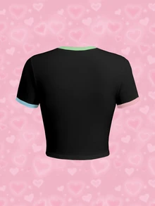 THE POWERPUFF GIRLS X SHEIN Áo thun nữ dáng ôm ngắn in họa tiết hoạt hình - trắng - Xem 2