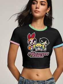THE POWERPUFF GIRLS X SHEIN Áo thun nữ dáng ôm ngắn in họa tiết hoạt hình - trắng - Xem 6