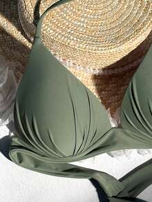 SHEIN Swim Women Bikini Tops Plain Seksi - Hijau Tentara - View 4