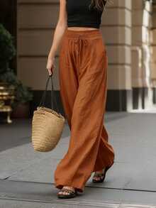 Breezaya French Style High-Waisted Loose Wide-Leg Solid Color Women's Long Pants, Elegant Fashionable Summer, Suitable For Spring, Autumn, Winter, Vacation, Commuting, Daily Wear, Party, Beach, Casual, Romantic, Dating, Versatile - Burnt Orange - View 5