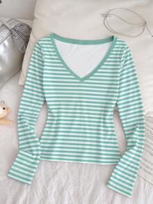 Fashionable Sporty Checkered And Contrasting Stripe Design Teen Girls Casual Minimalist Kids V-Neck Versatile Slim Fit Long Sleeve T-Shirt - Multicolor - View 2
