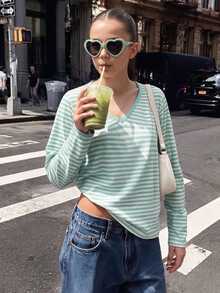 Fashionable Sporty Checkered And Contrasting Stripe Design Teen Girls Casual Minimalist Kids V-Neck Versatile Slim Fit Long Sleeve T-Shirt - Multicolor - View 5