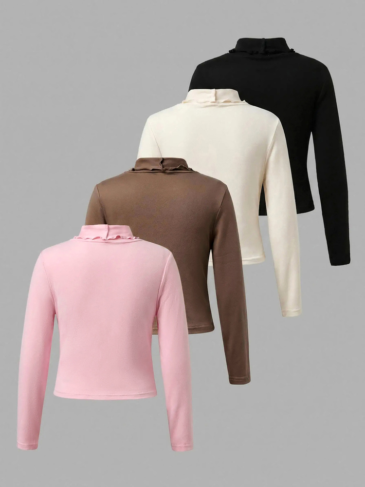 SHEIN Baby Girl 4pcs/Set Young Girls High Neck Ribbed Knit Casual T-Shirt, High - Collar T-Shirt, Girls Autumn Clothes, Suitable For Daily Casual Wear - Multicolor - View 8