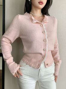 Seusyu Women's Contrast Lace Single-Breasted Long Sleeve Knit Cardigan - Pink - View 1