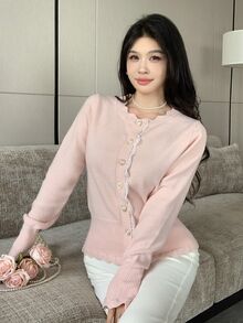 Seusyu Women's Contrast Lace Single-Breasted Long Sleeve Knit Cardigan - Pink - View 8