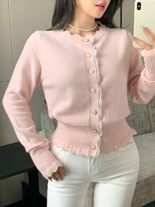 Seusyu Women's Contrast Lace Single-Breasted Long Sleeve Knit Cardigan - Pink - View 7