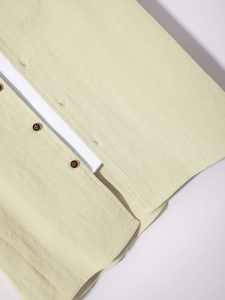 Genlund 2pcs/Set Men Summer Solid Color Button-Up Shirt And Shorts Summer Two Pieces Set, Vacation Outfits, - Beige - View 7