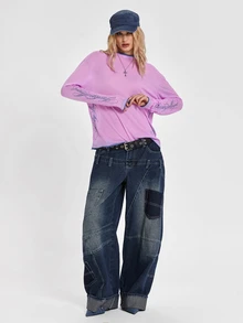 ROMWE Autumn/Winter Street Y2K Punk Colorblock 2 In 1 English Cursive Slogan Print Loose Long Sleeve T-Shirt For Women - Pink - View 6