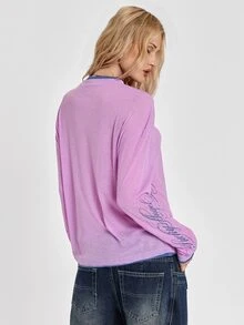 ROMWE Autumn/Winter Street Y2K Punk Colorblock 2 In 1 English Cursive Slogan Print Loose Long Sleeve T-Shirt For Women - Pink - View 5