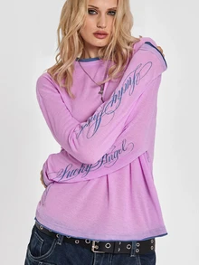 ROMWE Autumn/Winter Street Y2K Punk Colorblock 2 In 1 English Cursive Slogan Print Loose Long Sleeve T-Shirt For Women - Pink - View 1