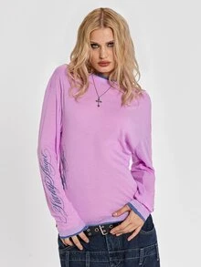 ROMWE Autumn/Winter Street Y2K Punk Colorblock 2 In 1 English Cursive Slogan Print Loose Long Sleeve T-Shirt For Women - Pink - View 2