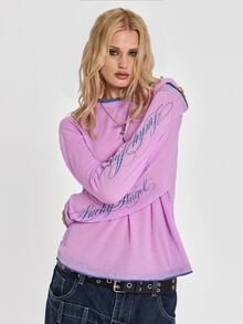 ROMWE Autumn/Winter Street Y2K Punk Colorblock 2 In 1 English Cursive Slogan Print Loose Long Sleeve T-Shirt For Women - Pink - View 8