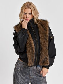ROMWE Y2K Autumn/Winter Street Punk Patchwork Faux Fur Trim Distressed PU Loose Jacket - Black - View 8