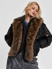 ROMWE Y2K Autumn/Winter Street Punk Patchwork Faux Fur Trim Distressed PU Loose Jacket - Black - View 10