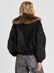 ROMWE Y2K Autumn/Winter Street Punk Patchwork Faux Fur Trim Distressed PU Loose Jacket - Black - View 5
