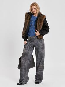 ROMWE Y2K Autumn/Winter Street Punk Patchwork Faux Fur Trim Distressed PU Loose Jacket - Black - View 7