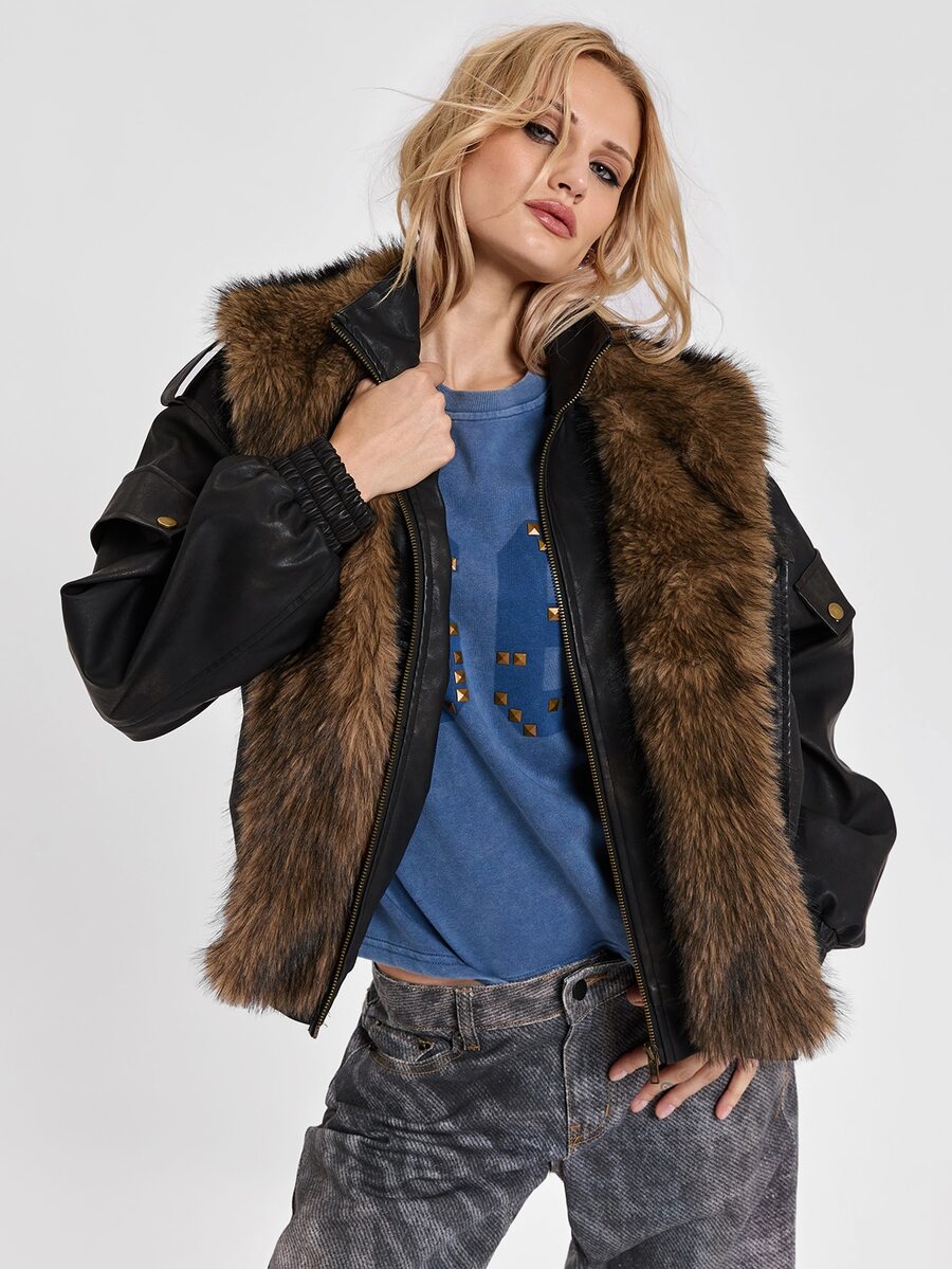 ROMWE Y2K Autumn/Winter Street Punk Patchwork Faux Fur Trim Distressed PU Loose Jacket - Black - View 1