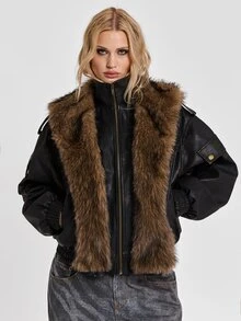 ROMWE Y2K Autumn/Winter Street Punk Patchwork Faux Fur Trim Distressed PU Loose Jacket - Black - View 3