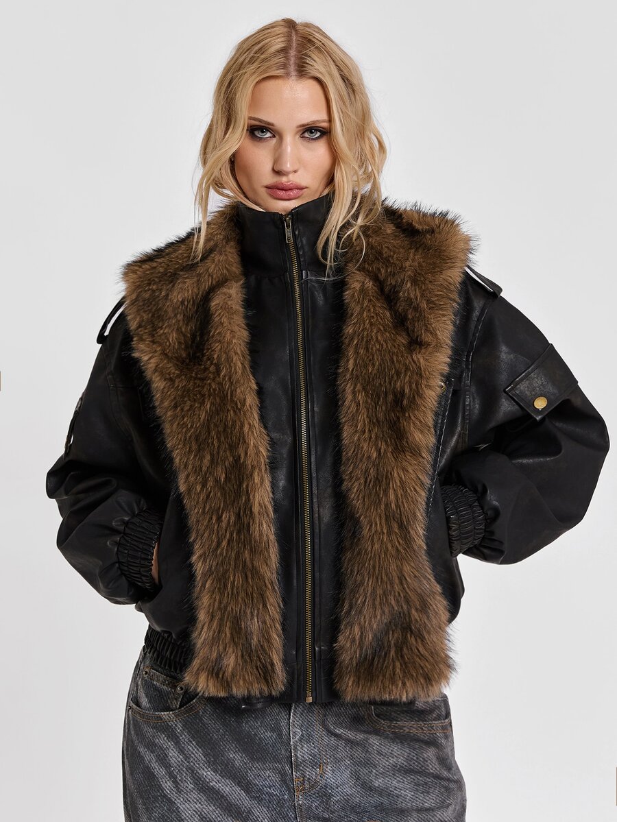 ROMWE Y2K Autumn/Winter Street Punk Patchwork Faux Fur Trim Distressed PU Loose Jacket - Black - View 1