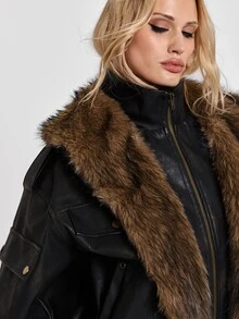 ROMWE Y2K Autumn/Winter Street Punk Patchwork Faux Fur Trim Distressed PU Loose Jacket - Black - View 2